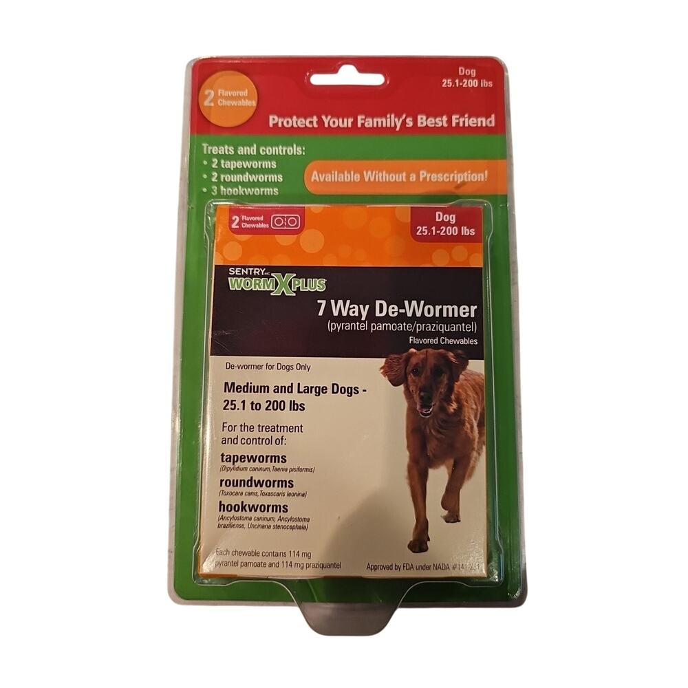 Sentry Worm X Plus 7 Way DeWormer For Large Dogs 2 Count Chewables NEW Exp 2/24